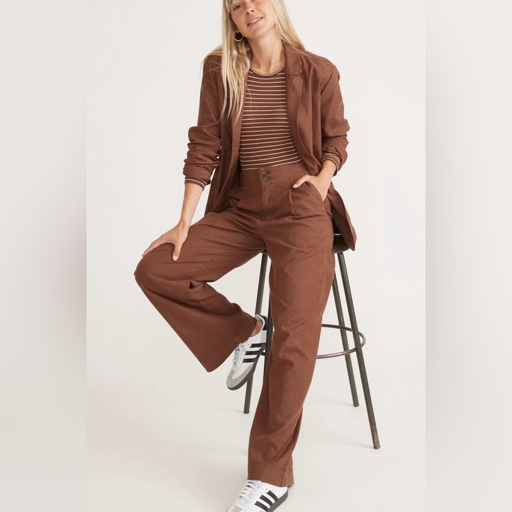 Marine Layer Flora Hemp Blazer & Wide Leg Pants Set Pinecone Brown Boho Coastal